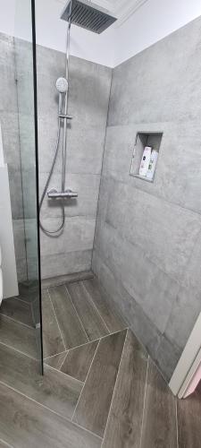 阿尔杰什河畔库尔泰亚White rezidence的浴室里设有玻璃门淋浴