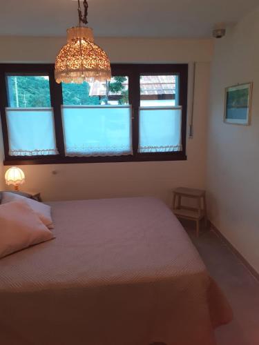 PreinardoCapriolo的一间卧室配有一张带吊灯的床和两个窗户。
