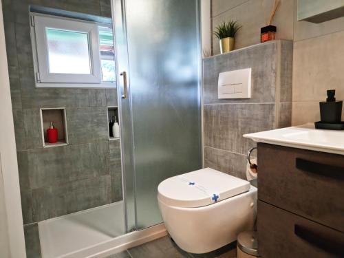奥帕提亚Apartment Julija的带淋浴、卫生间和盥洗盆的浴室