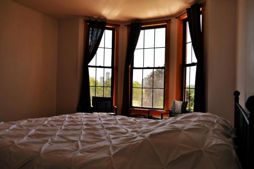 尼亚加拉瀑布峡谷景观酒店的一间卧室设有一张床和两个大窗户
