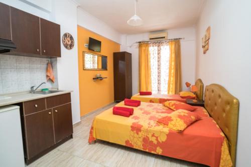 奥林匹亚基·阿克蒂Villa Irida Sun的一间卧室配有一张床,厨房配有水槽