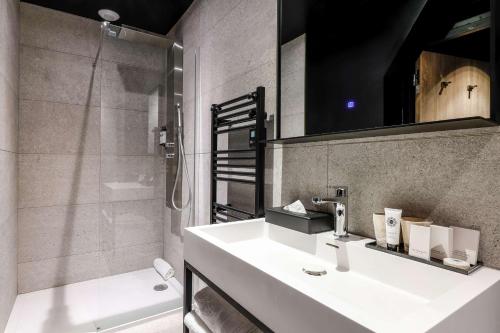 勒芒Leprince Hotel Spa; Best Western Premier Collection的浴室配有白色水槽和淋浴。