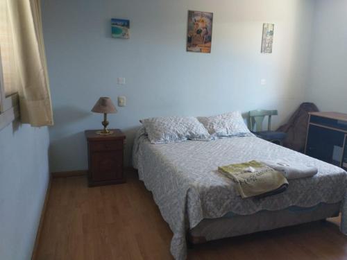 圣拉斐尔Habitaciones confortables con baño privado的一间卧室配有一张床和一张带台灯的桌子