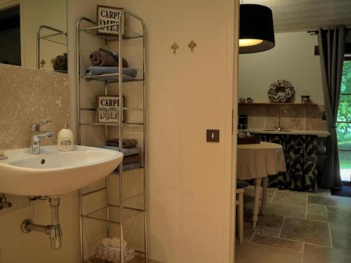 Penne-dʼAgenaisLa Bastide Portoly B&B "Pruneaux"的浴室设有水槽和带毛巾的架子。