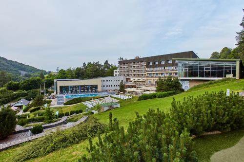 维尼Hotel Sitno Forest Resort的一座带花园的山丘上的建筑