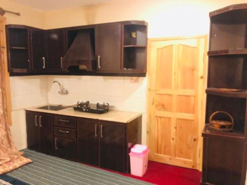 罕萨Green Guest House Altit Hunza的厨房配有棕色橱柜、水槽和门