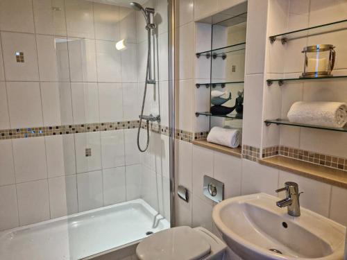 波特帕特里克Harbourside Apartments的一间带水槽、卫生间和淋浴的浴室