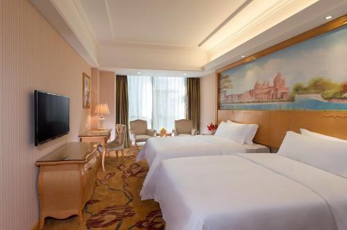 龙岗维也纳酒店深圳宝能城市广场店的酒店客房设有两张床和一台平面电视。