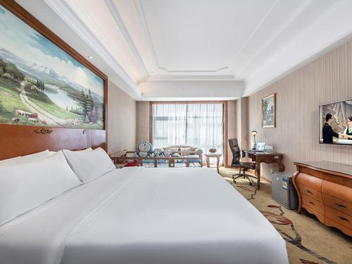 信阳维也纳国际酒店河南信阳羊山新区店的酒店客房设有一张大床和一张书桌。