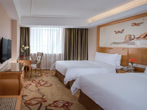 宝安维也纳酒店深圳沙井上南店的酒店客房设有两张床和电视。