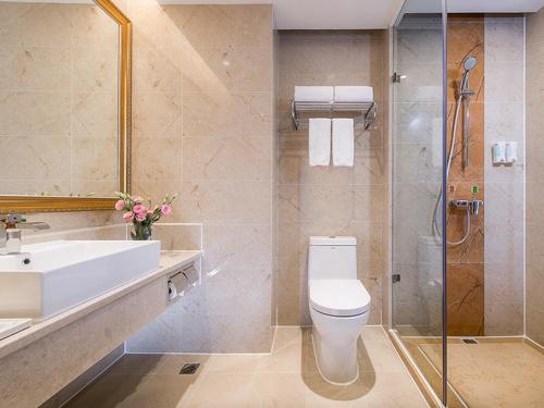 深圳维也纳酒店深圳前海店的浴室配有卫生间、盥洗盆和淋浴。