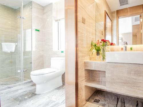武汉维也纳国际酒店武汉街道口店的浴室配有卫生间、盥洗盆和淋浴。