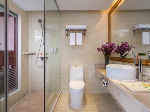 深圳维也纳酒店深圳水库新村店的浴室配有卫生间、盥洗盆和淋浴。