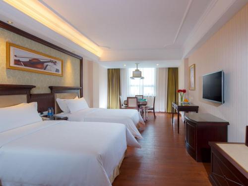 花都维也纳酒店广州狮岭店的酒店客房设有两张床和电视。