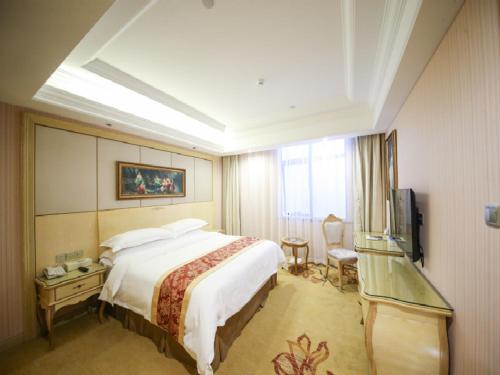 上海维也纳酒店上海虹桥会展中心店的酒店客房设有一张大床和一台电视。