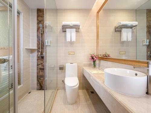 广州维也纳3好酒店广州海珠广州塔店的一间带水槽、卫生间和镜子的浴室