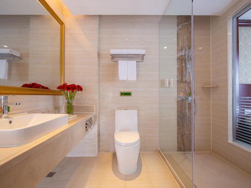 花都维也纳酒店广州狮岭店的浴室配有卫生间、盥洗盆和淋浴。