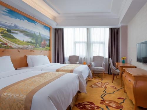 广州维也纳酒店广州北京路店的酒店客房设有两张床和一台平面电视。