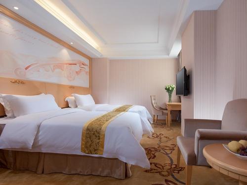 深圳维也纳3好酒店深圳西丽南科大店的酒店客房设有一张大床和一张书桌。