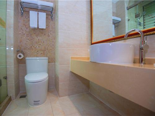 上海维也纳国际酒店上海浦东机场华夏东路地铁站店的一间带卫生间、水槽和镜子的浴室