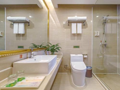 桂林维也纳酒店桂林机场路榕山店的一间带水槽、卫生间和淋浴的浴室