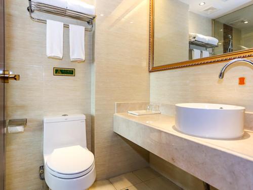 奉贤维也纳国际酒店上海奉贤南桥店的一间带水槽、卫生间和镜子的浴室
