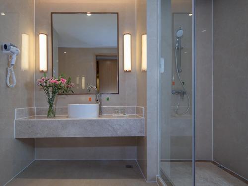 晋江维也纳国际酒店(晋江乔丹中心店)的一间带水槽、镜子和淋浴的浴室