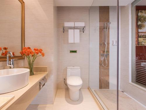 宝安维也纳酒店深圳宝安新安店的浴室配有卫生间、盥洗盆和淋浴。