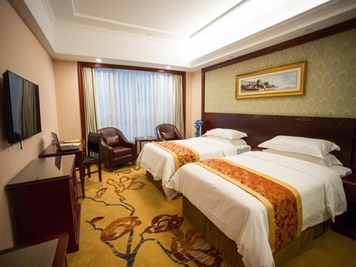南汇维也纳酒店上海野生动物园地铁站店的酒店客房设有两张床和电视。