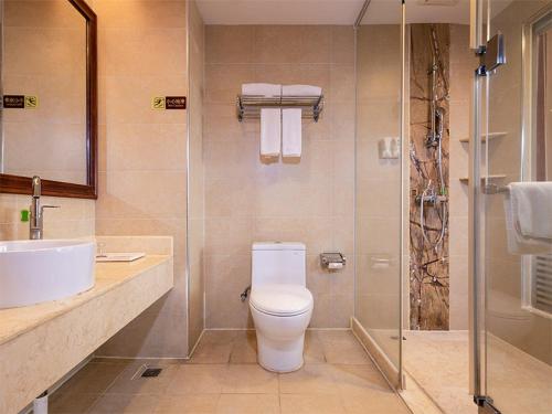 东莞维也纳酒店东莞厚街万达广场店的浴室配有卫生间、盥洗盆和淋浴。
