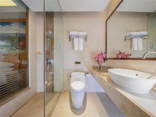 惠州维也纳酒店广东惠州惠阳三和广场店的浴室配有盥洗盆、卫生间和浴缸。