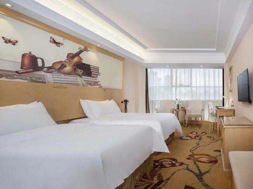 惠州维也纳酒店惠州火车站店的酒店客房设有两张床和电视。