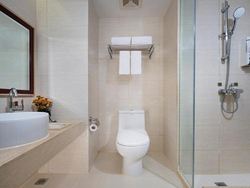 太仓维也纳国际酒店太仓南洋广场店的浴室配有卫生间、盥洗盆和淋浴。