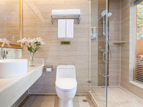 长沙维也纳国际酒店长沙树木岭城铁站店的浴室配有卫生间、盥洗盆和淋浴。