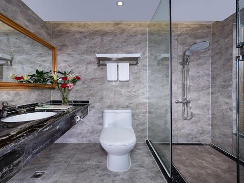Yuanzicha维也纳3好酒店 (赣州上犹店)的浴室配有卫生间、盥洗盆和淋浴。