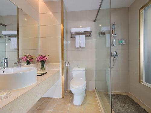 宝安维也纳酒店深圳沙井中心路店的一间带水槽、卫生间和淋浴的浴室