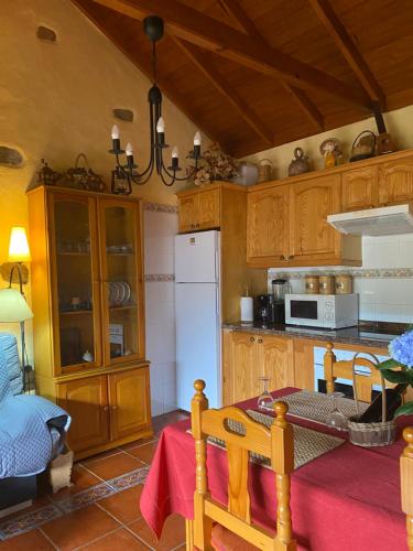 阿古洛Casa Rural Las Rosas的厨房配有木制橱柜和白色冰箱。