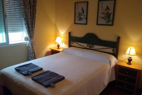 克莉丝蒂娜岛ISLANTILLA PRECIOSO APARTAMENTO CON AMPLIA TERRAZA的一间卧室配有一张床,上面有两条毛巾