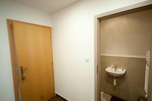 利普托斯基米库拉斯MAYTEX - ubytovanie v 46m2 apartmáne s balkónom的一间带水槽和木门的浴室