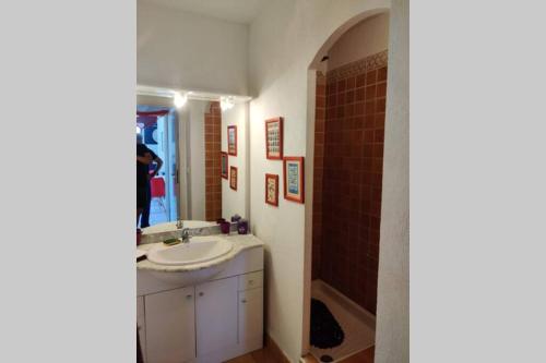 贝济耶Appartement Golf Saint Thomas - Belle résidence的一间带水槽和淋浴的浴室
