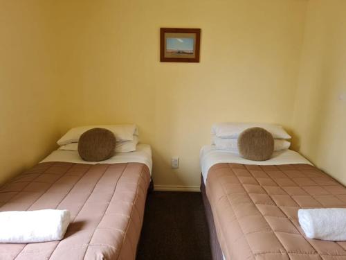 特威泽尔The Cabin, Omahau Downs的两张位于酒店客房的床,配有毛巾