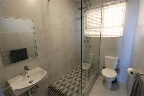 乌姆德洛蒂Camarque 28的带淋浴、卫生间和盥洗盆的浴室