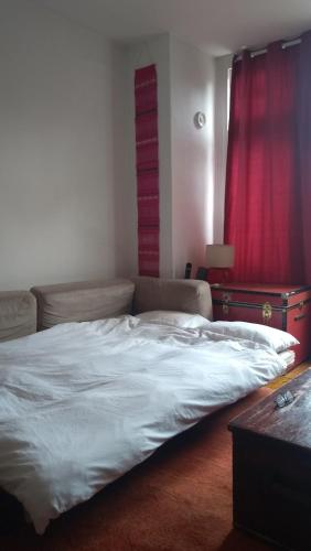 伦敦Homey, warm & welcoming room.的卧室内的一张大床,配有红色窗帘