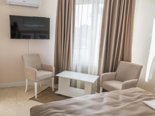 MrčajevciA klub apartmani的酒店客房配有一张床、两把椅子和一台电视