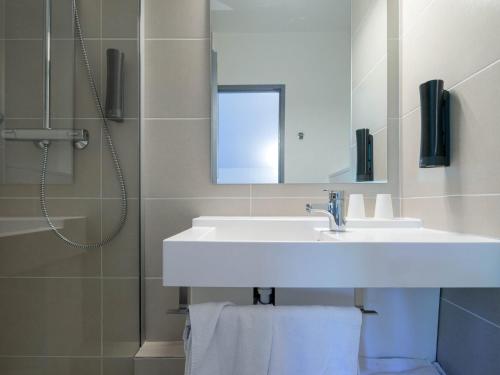 勒·维威恩斯·杜·拉克Noemys Viviers-du-lac的浴室配有盥洗盆和带镜子的淋浴