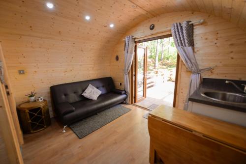 卡莱尔Broomhills Farm River Eco Pods的小木屋内带真皮沙发的客厅
