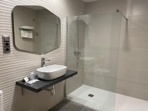 艾因萨比利牛斯艾茵莎酒店的浴室配有盥洗盆和带镜子的淋浴