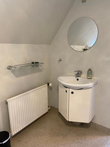 海松Forvalterboligen的一间带水槽、镜子和散热器的浴室