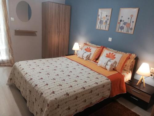 塞萨洛尼基Central Apartment的一间卧室配有一张大床和两盏灯