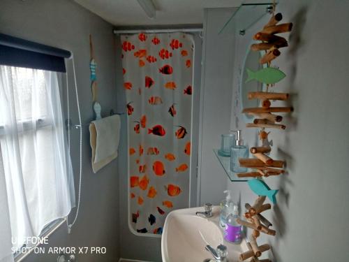 赫姆斯比Gina's Static caravan,118 Sandsgate的浴室设有水槽和带有鱼的淋浴帘。